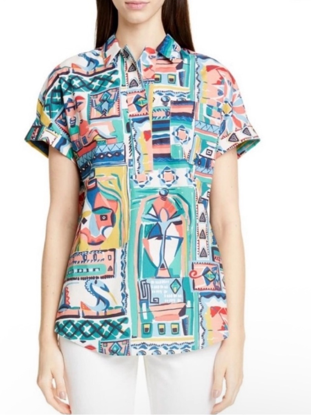 Lafayette 148 New York Huxley Patchwork Print Cotton Top Palazzo Shirt XL - Picture 1 of 7